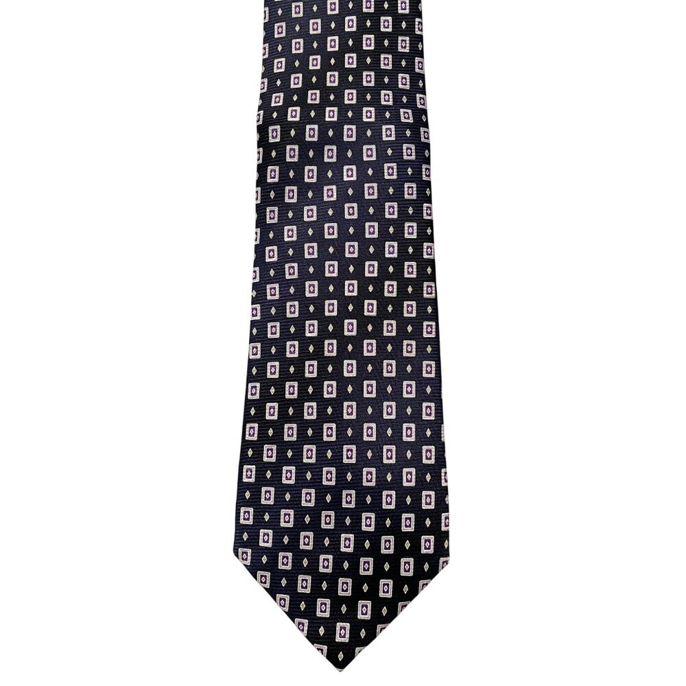 Rosso Bianco Mens Silk Necktie Geometric Pattern Navy & Purple